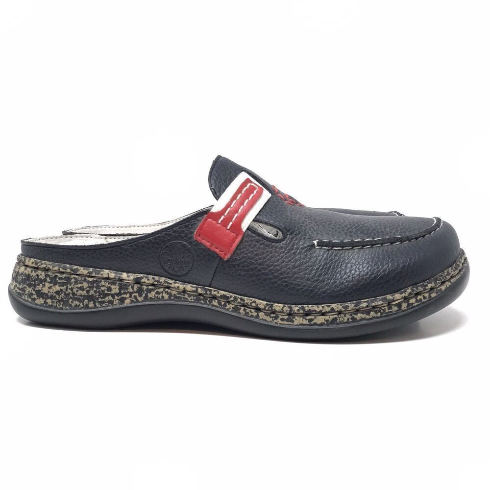 Rieker Comfort Style Women's Size 37 6-6.5 Navy Blue Slip On Clogs Mules Leather